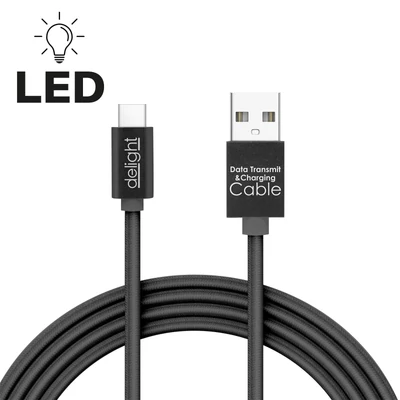 Adatkábel - USB Type-C, LED fénnyel, fekete - 1 m
