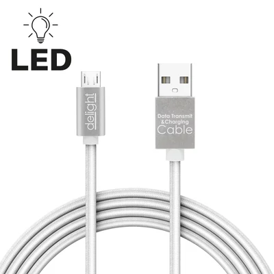 Adatkábel - MicroUSB, LED fénnyel, fehér - 1 m