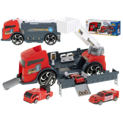 2 az 1-ben kihajtható teherautó 2 tűzoltó autóval (piros)