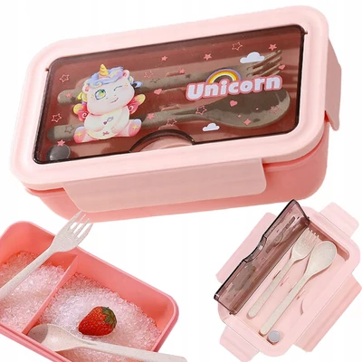 2 rekeszes ételhordó gyerekeknek evőeszközökkel, rózsaszín