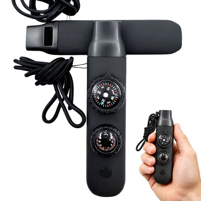 Többfunkciós jelzősíp iránytűvel, hőmérővel, zseblámpával, nagyítóval, fekete