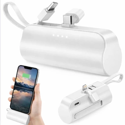 Powerbank USB-C kábellel, Lightning csatlakozóval, 5000 mAh, 10 W, fehér