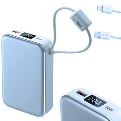 Powerbank gyorstöltés funkcióval, USB-C és Lightning kábellel, 20000 mAh, 22.5 W, kék