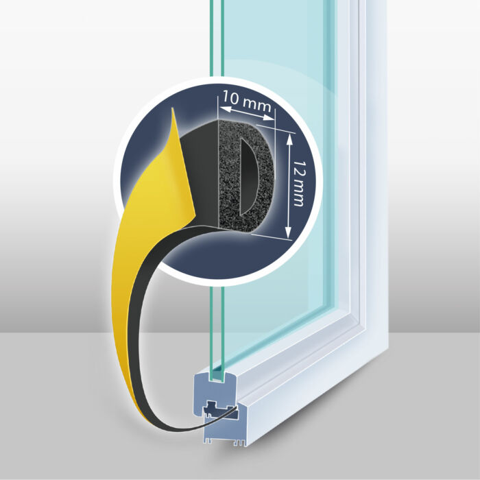 Öntapadós ajtó- ablakszigetelő (D profil, 50 m, fekete 10 mm)