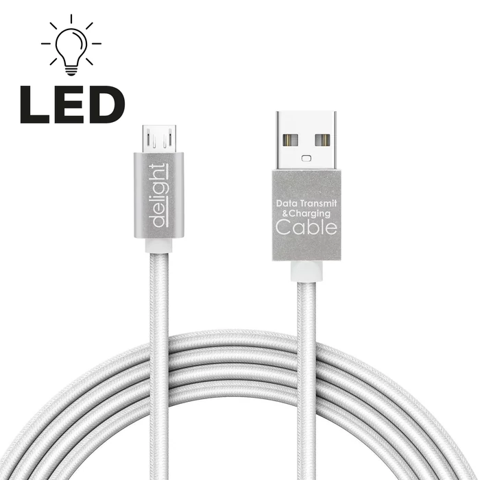 Adatkábel - MicroUSB, LED fénnyel, fehér - 1 m
