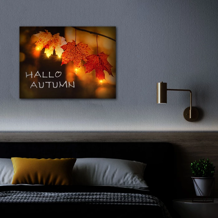 LED-es fali hangulatkép - "Hello ősz" - 2 x AA, 40 x 30 cm