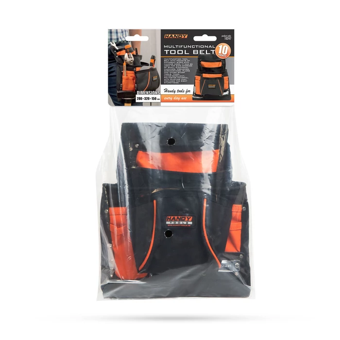 Poliészter szerszámtároló övtáska - 4+6 zseb, kalapács és mérőszalag tartóval