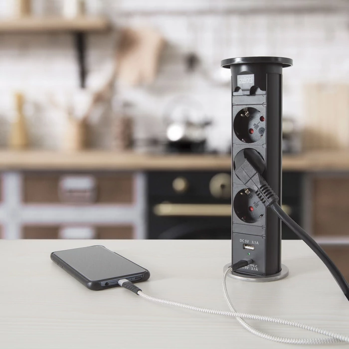 Motoros rejtett elosztó - fekete, 3 x 250 V + USB-A, Type-C