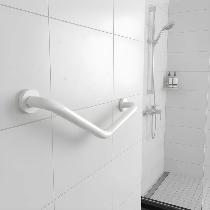 Fürdőszobai kapaszkodó (45°-ban hajlított, rozsdamentes acél, fehér)