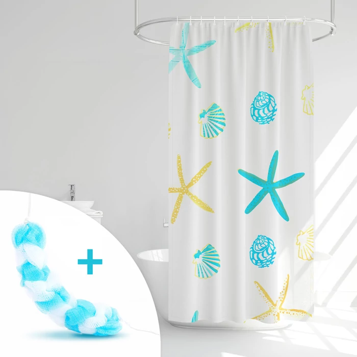 Zuhanyfüggöny szett fürdőpamaccsal - 3 féle - kék, zöld mintás - 180 x 180 cm