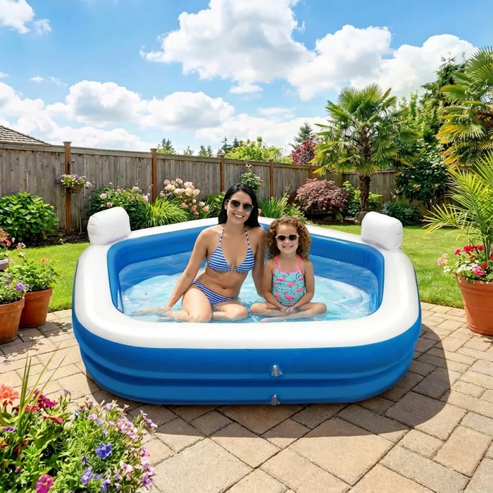 Felfújható medence fejtámlával, italtartóval - 213 x 206 x 60 cm - Fehér / Kék