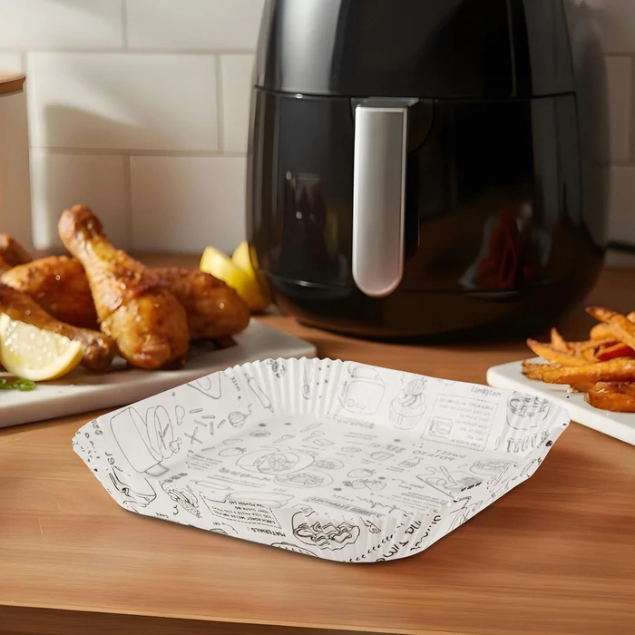 Air fryer sütőpapír (olaj nélküli sütőhöz, mintás, négyzet, 20 cm, 50 db / csomag)