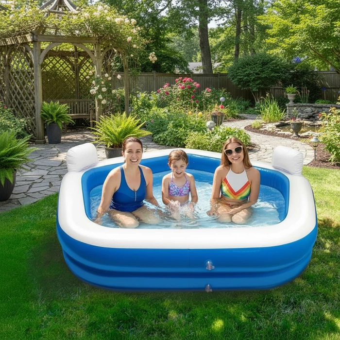 Felfújható medence fejtámlával, italtartóval - 213 x 206 x 60 cm - Fehér / Kék