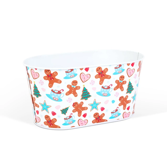 Karácsonyi fém kosár - mézeskalács mintás - 19 x 11,5 x 9,5 cm