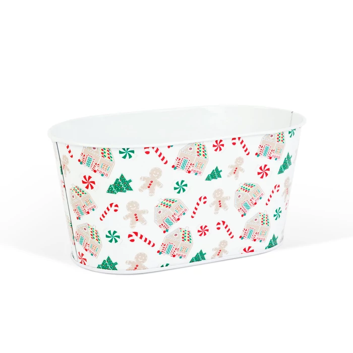 Karácsonyi fém kosár - házikó mintás - 19 x 11,5 x 9,5 cm