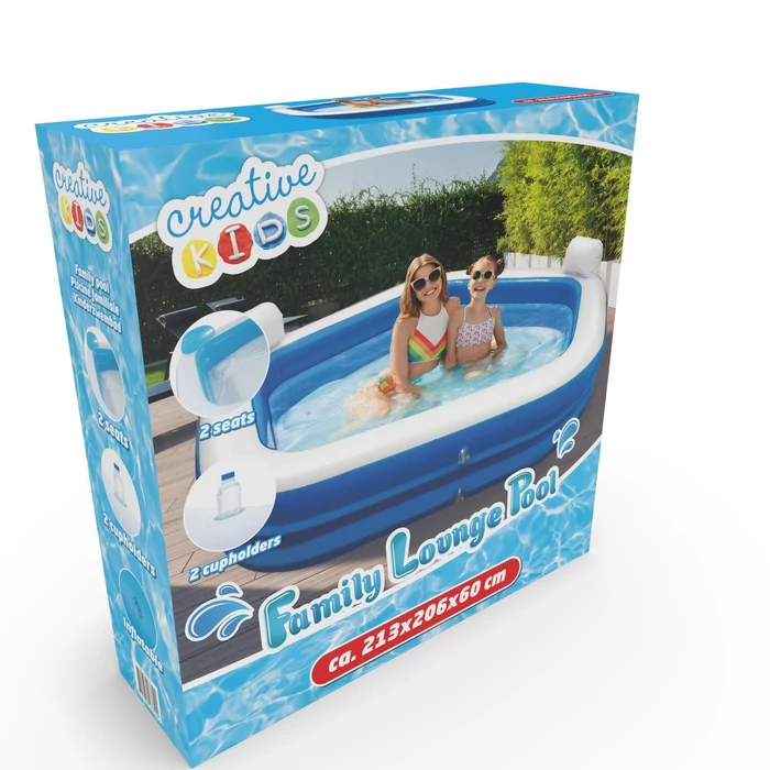 Felfújható medence fejtámlával, italtartóval - 213 x 206 x 60 cm - Fehér / Kék