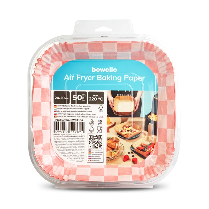 Air fryer sütőpapír (olaj nélküli sütőhöz, kockás, négyzet, 20 cm - 50 db / csomag)