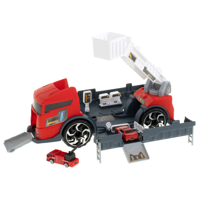 2 az 1-ben kihajtható teherautó 2 tűzoltó autóval (piros)
