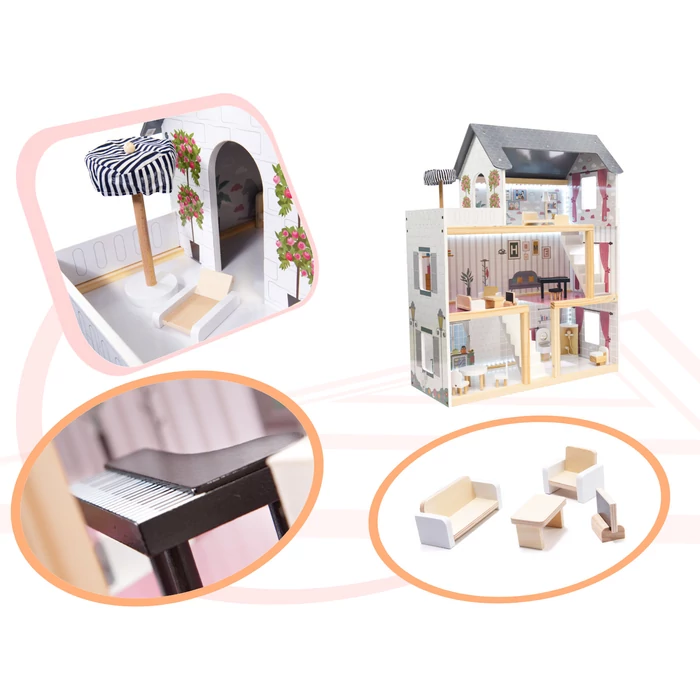 MDF fábol készült babaház + bútor 78cm fekete LED