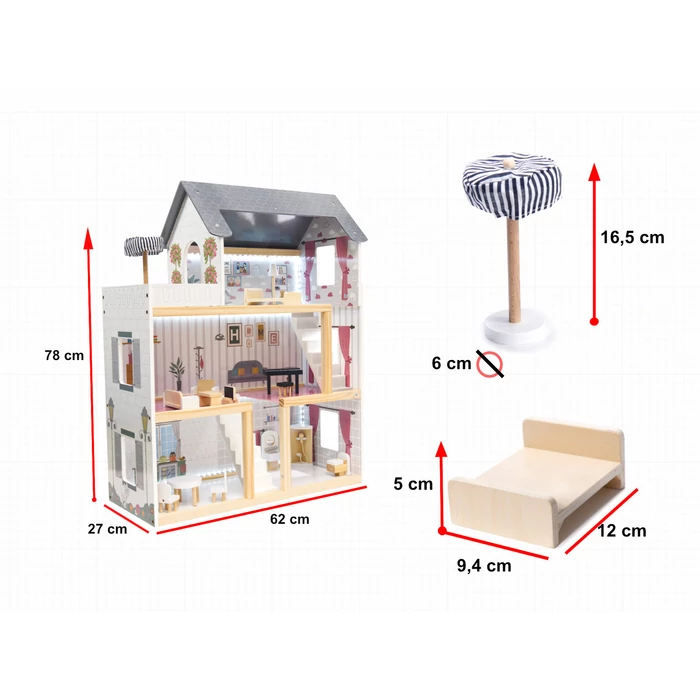 MDF fábol készült babaház + bútor 78cm fekete LED
