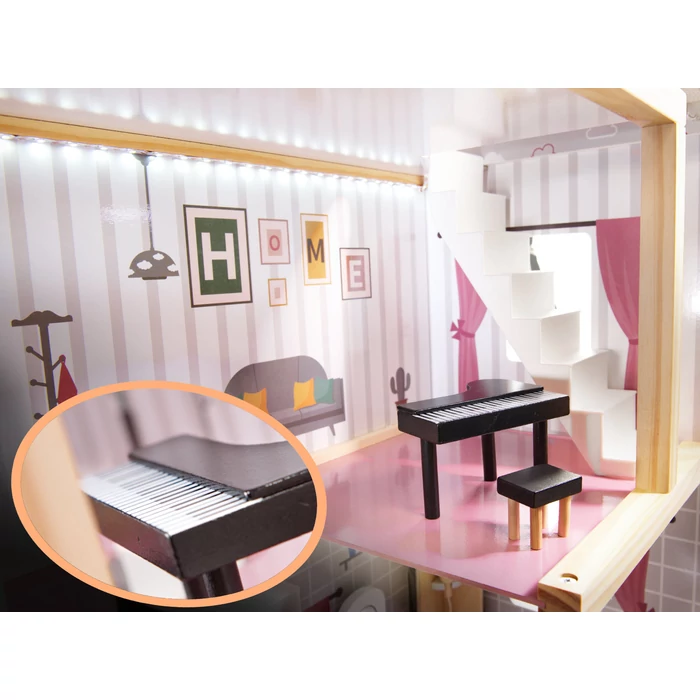 MDF fábol készült babaház + bútor 78cm fekete LED