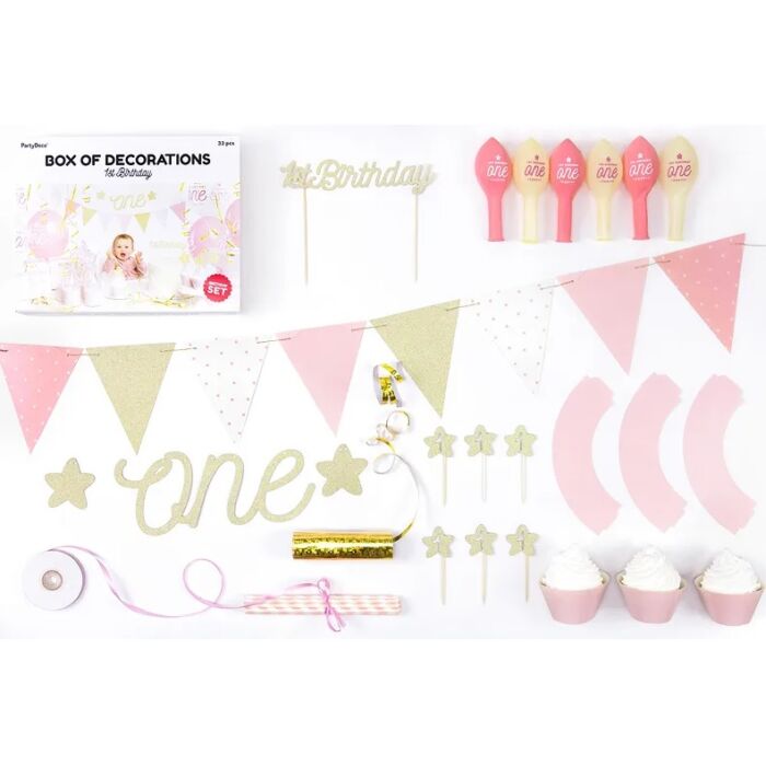 Party dekorációs készlet - 1. születésnapra - rózsaszín-arany