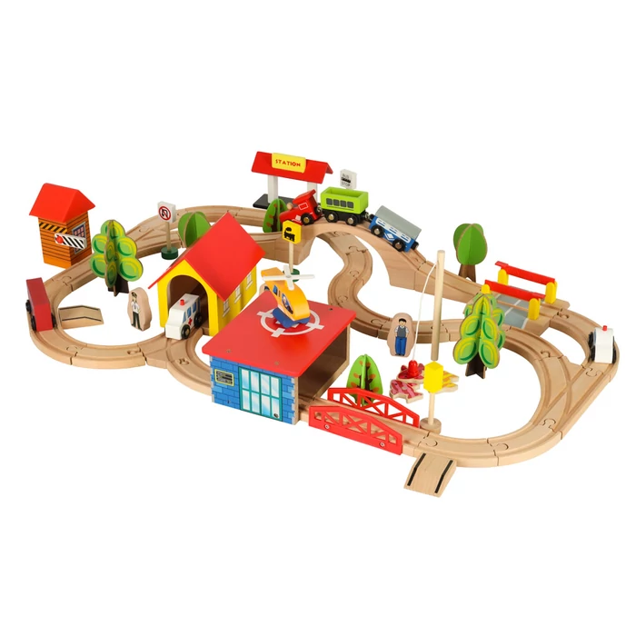 Fa vonatkészlet mozdonnyal és városi vasúttal – 69 darabos