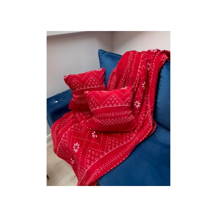 Puha meleg takaró párnahuzattal piros színben, téli motívummal 1.6x2m