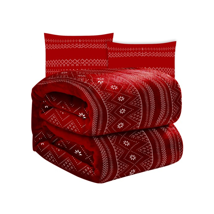 Puha meleg takaró párnahuzattal piros színben, téli motívummal 1.6x2m
