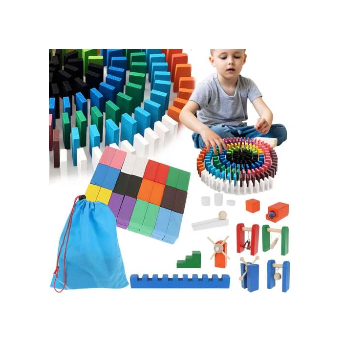 Színes, fa dominó készlet + kiegészítők - 407 db