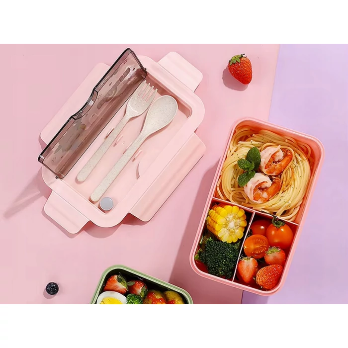 2 rekeszes ételhordó gyerekeknek evőeszközökkel, rózsaszín