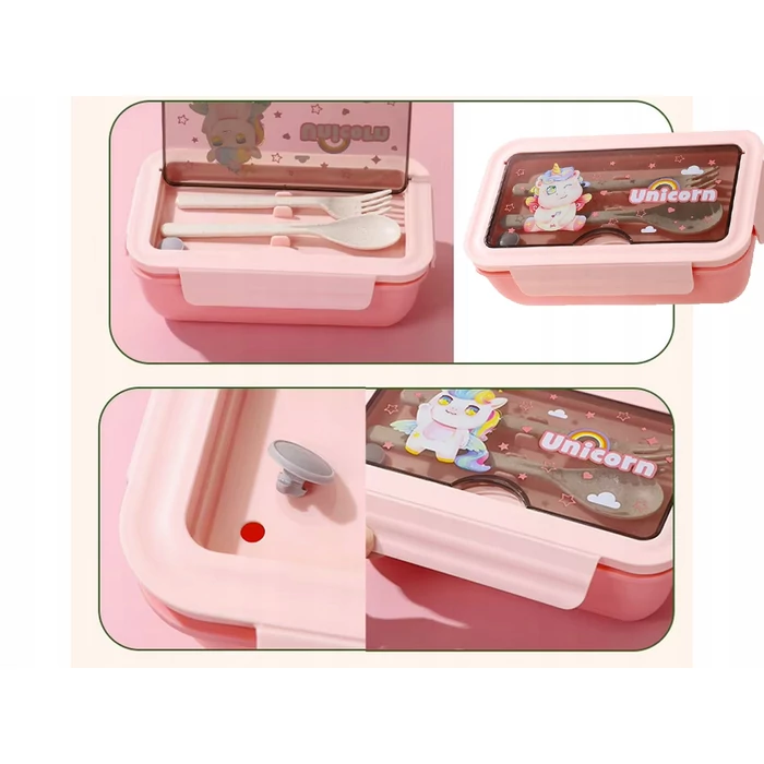 2 rekeszes ételhordó gyerekeknek evőeszközökkel, rózsaszín