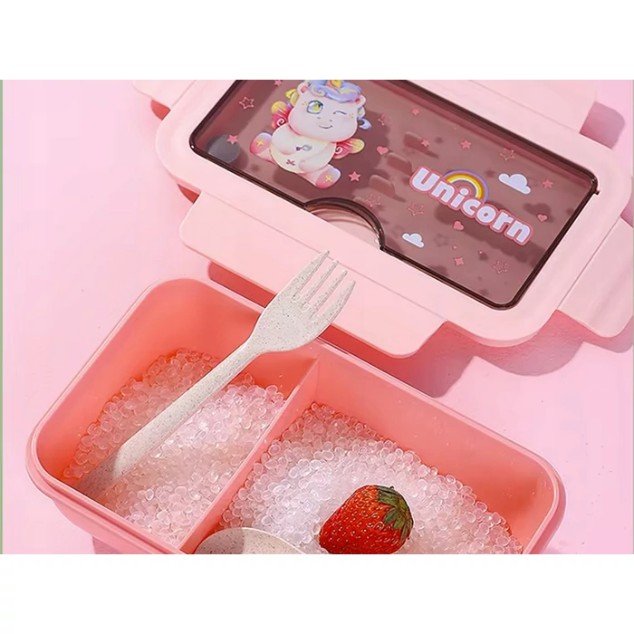 2 rekeszes ételhordó gyerekeknek evőeszközökkel, rózsaszín