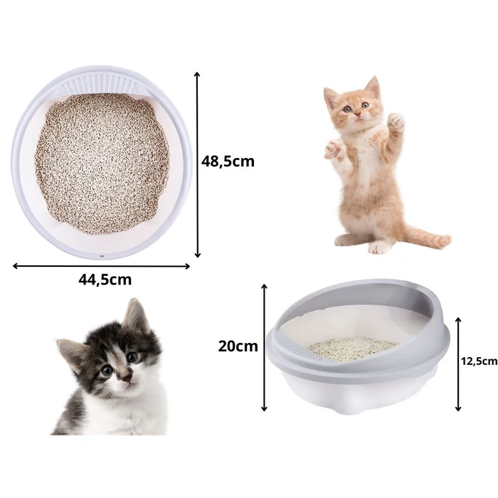 Nyitott alomtálca peremmel és lapáttal, szürke