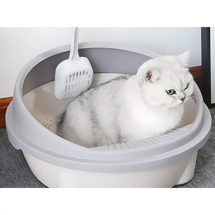 Nyitott alomtálca peremmel és lapáttal, szürke