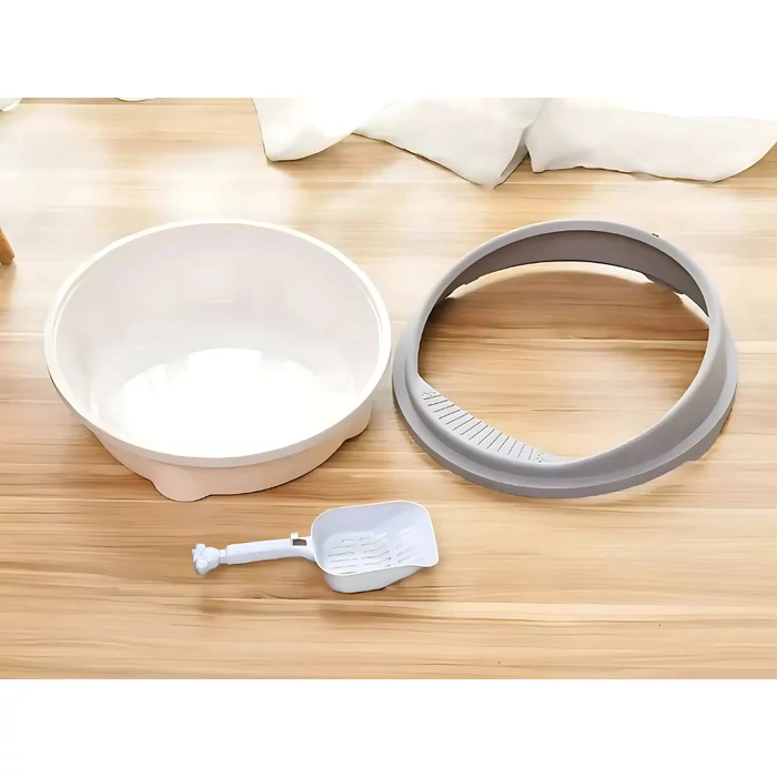 Nyitott alomtálca peremmel és lapáttal, szürke