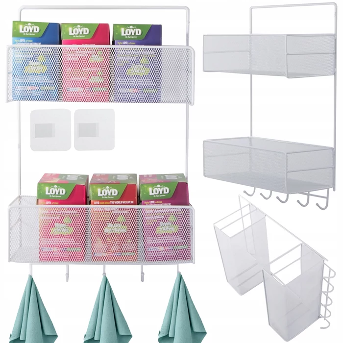 Kétszintes háztartási szervező akasztókkal, fehér