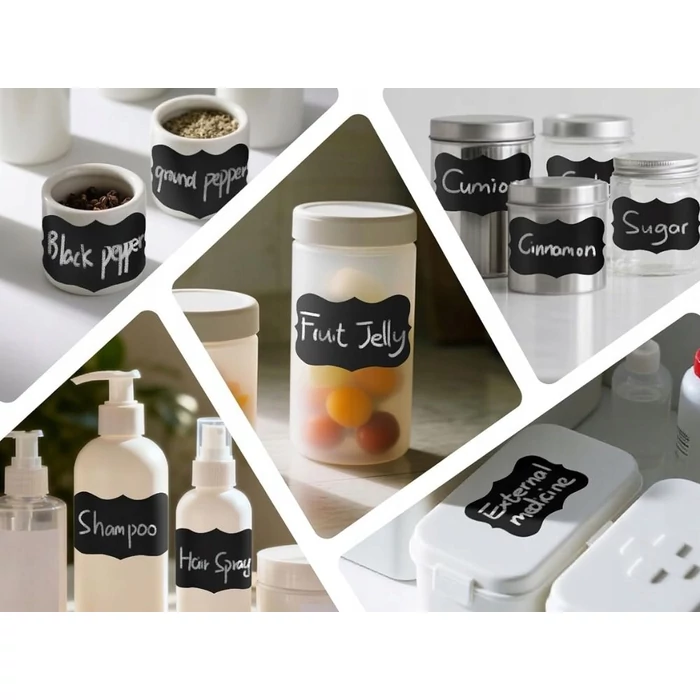 Öntapadó címkék tárolóedények, üvegek jelöléséhez, filctollal, 192 db