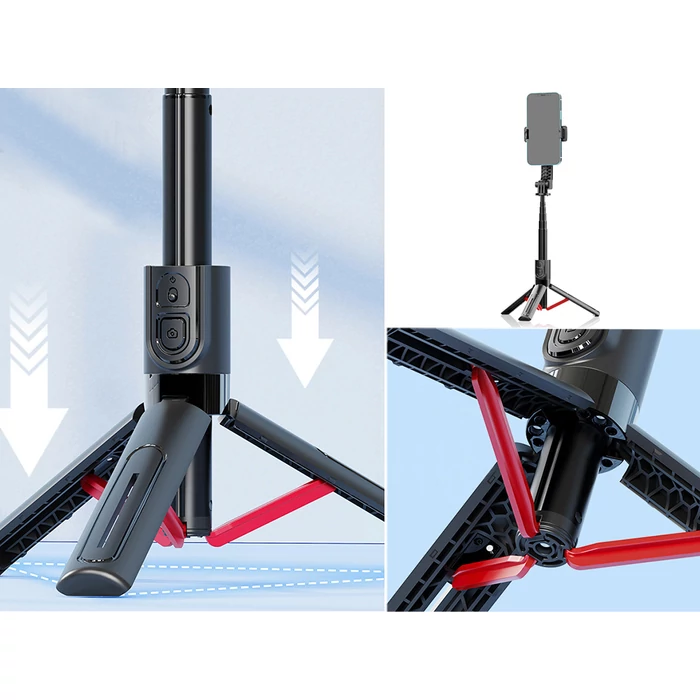 Teleszkópos telefontartó állvány bluetooth távirányítóval, 90 cm