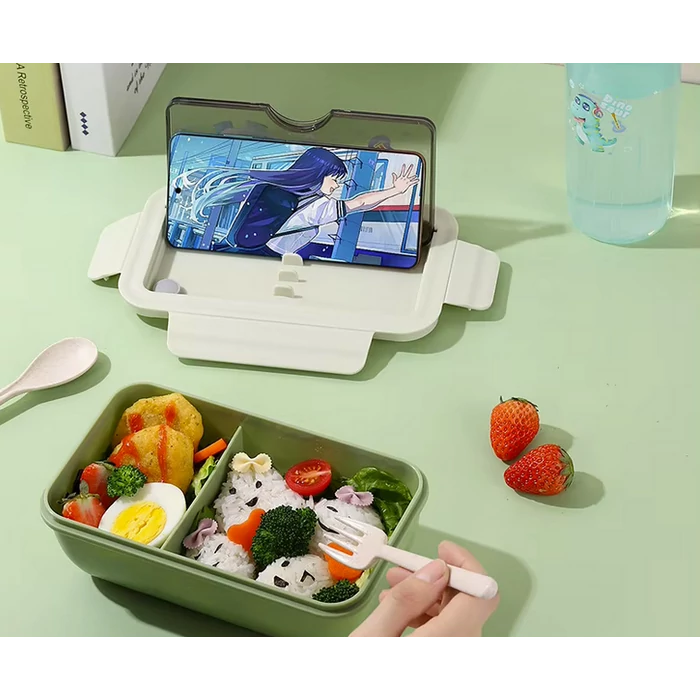 Ebéddoboz 2 rekesszel és evőeszközökkel, zöld