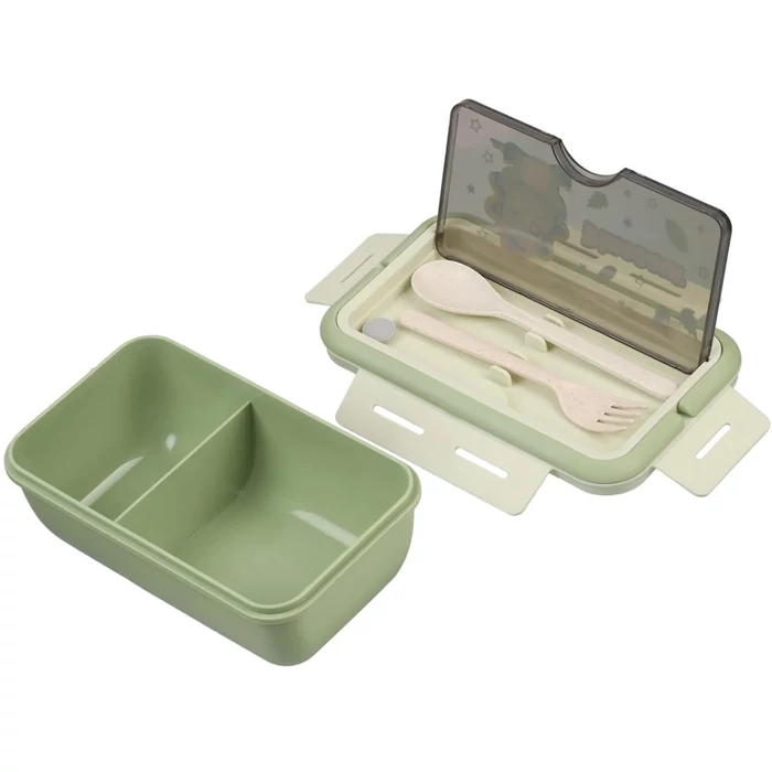Étkeződoboz vizespalackkal és evőeszközökkel gyerekeknek, zöld