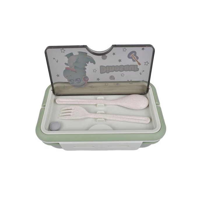 Étkeződoboz vizespalackkal és evőeszközökkel gyerekeknek, zöld