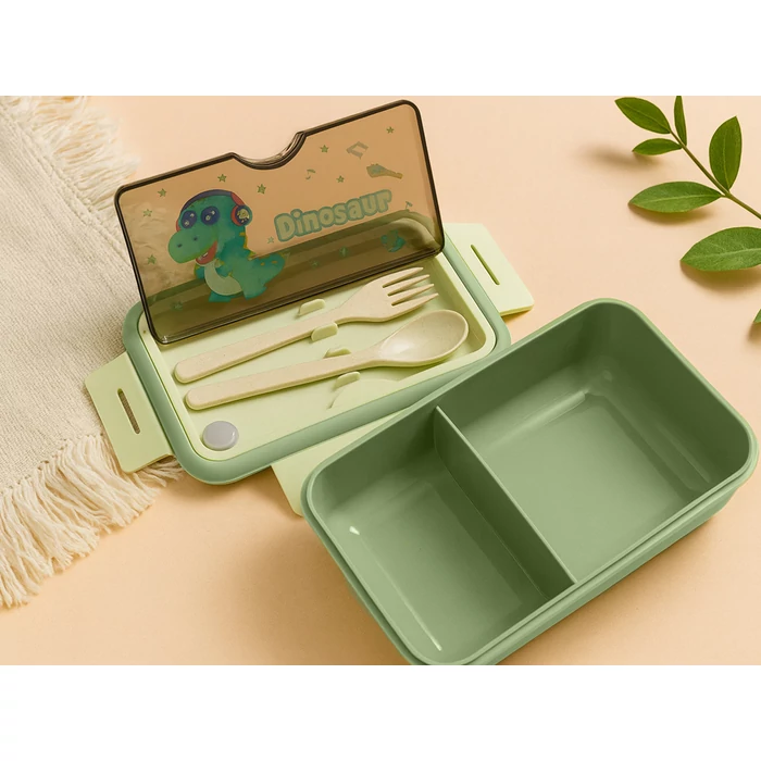 Étkeződoboz vizespalackkal és evőeszközökkel gyerekeknek, zöld