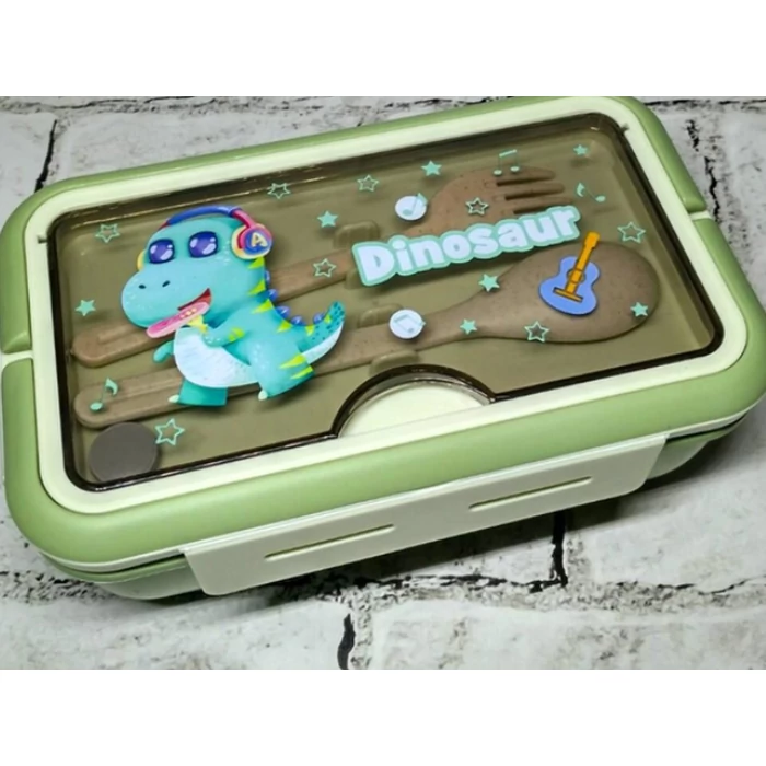 Étkeződoboz vizespalackkal és evőeszközökkel gyerekeknek, zöld