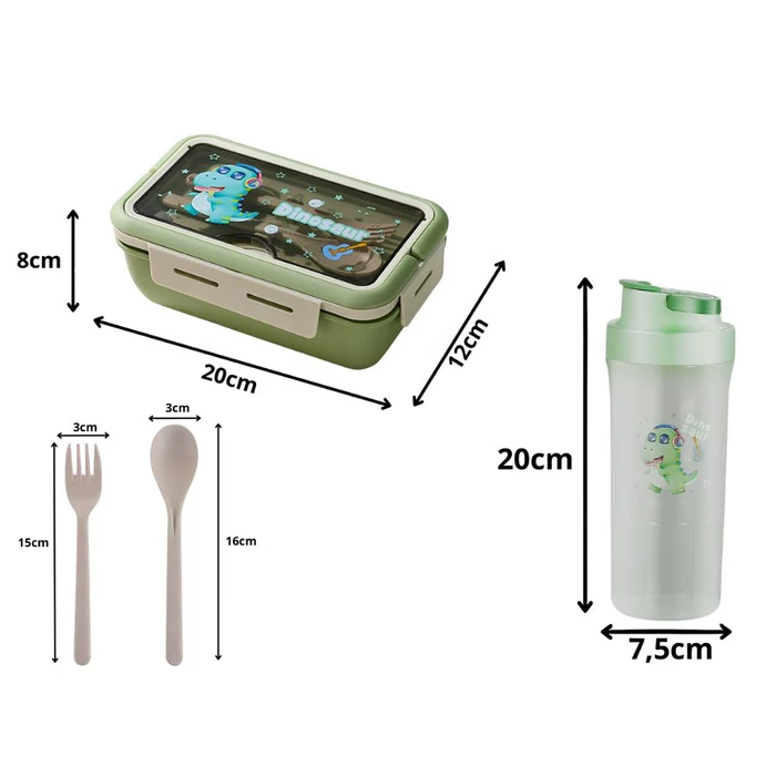 Étkeződoboz vizespalackkal és evőeszközökkel gyerekeknek, zöld