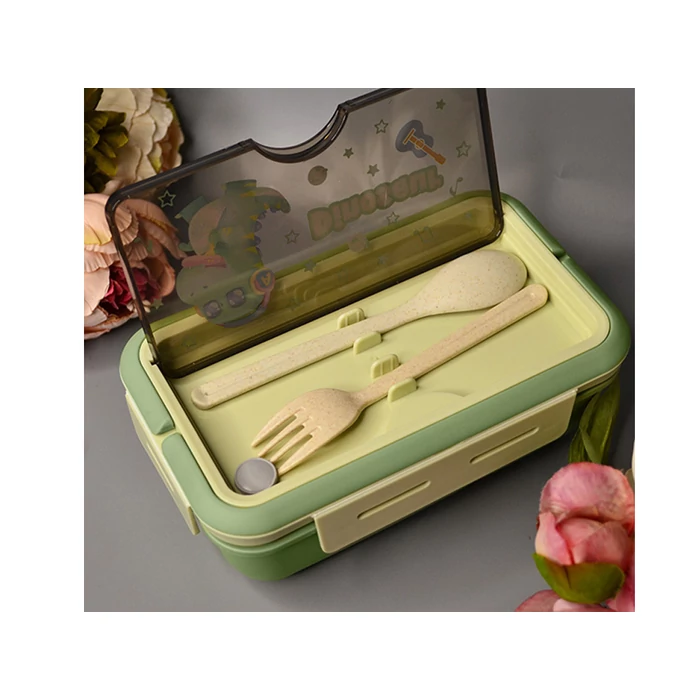 Étkeződoboz vizespalackkal és evőeszközökkel gyerekeknek, zöld
