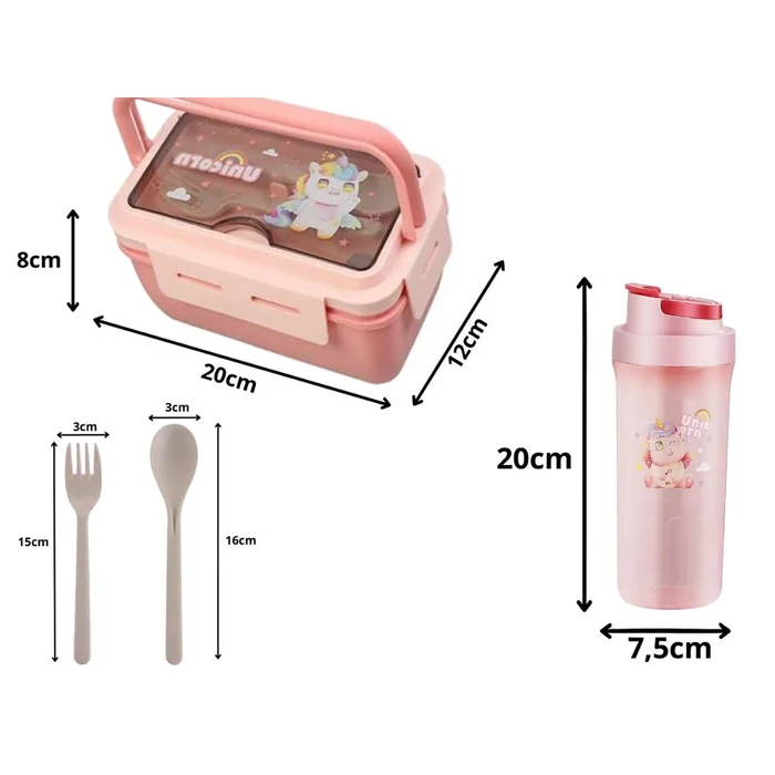 Étkeződoboz vizespalackkal és evőeszközökkel gyerekeknek, rózsaszín