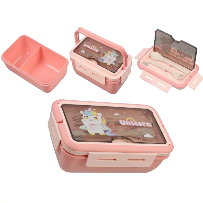 Étkeződoboz vizespalackkal és evőeszközökkel gyerekeknek, rózsaszín