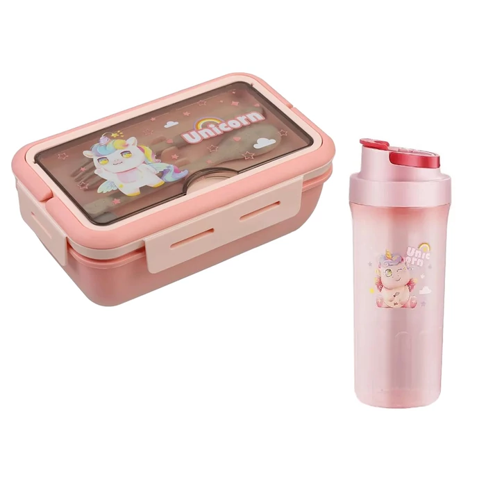 Étkeződoboz vizespalackkal és evőeszközökkel gyerekeknek, rózsaszín