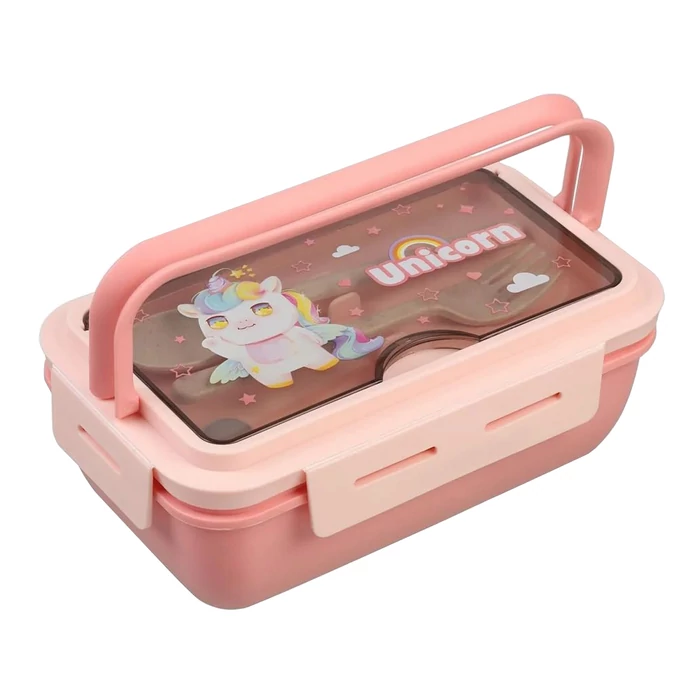 Étkeződoboz vizespalackkal és evőeszközökkel gyerekeknek, rózsaszín